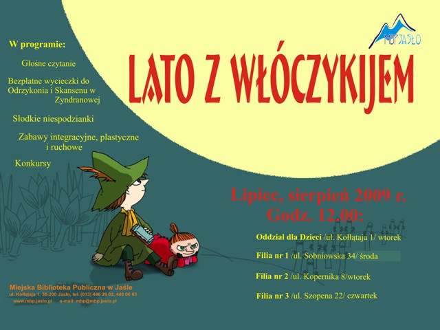 Plakat zapowiadający tegoroczne wakacje z Miejską Biblioteką Publiczną w Jaśle.